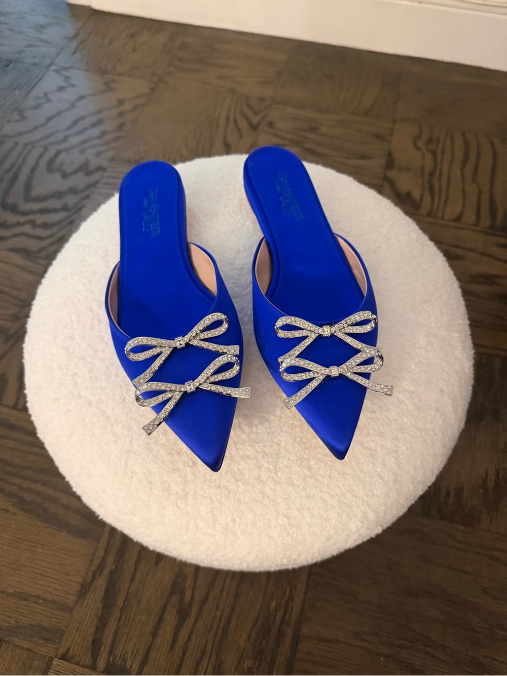 Giambatista Valli Satin Pointed-Toe Mule with Crystal Bow - Cobalt Blue 7.5